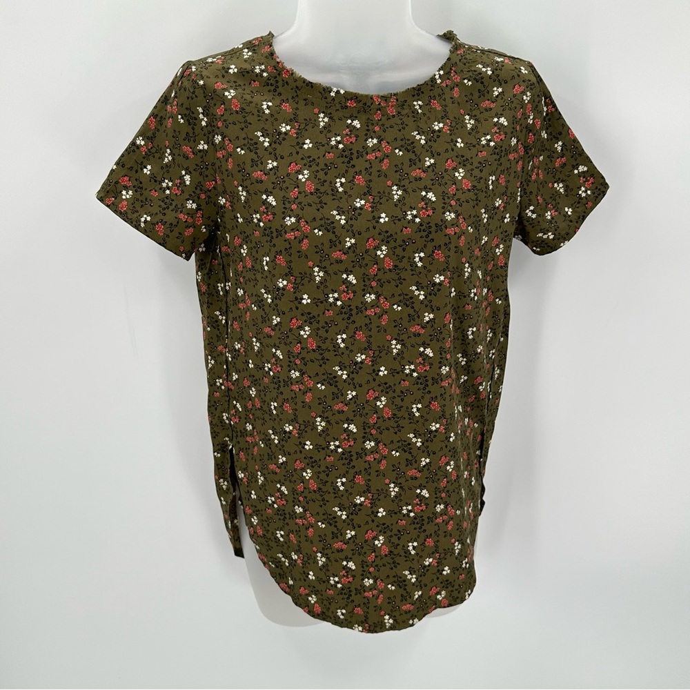 Abercrombie & Fitch Top Womens XS Floral Olive Green Keyhole Back Fray Neckline